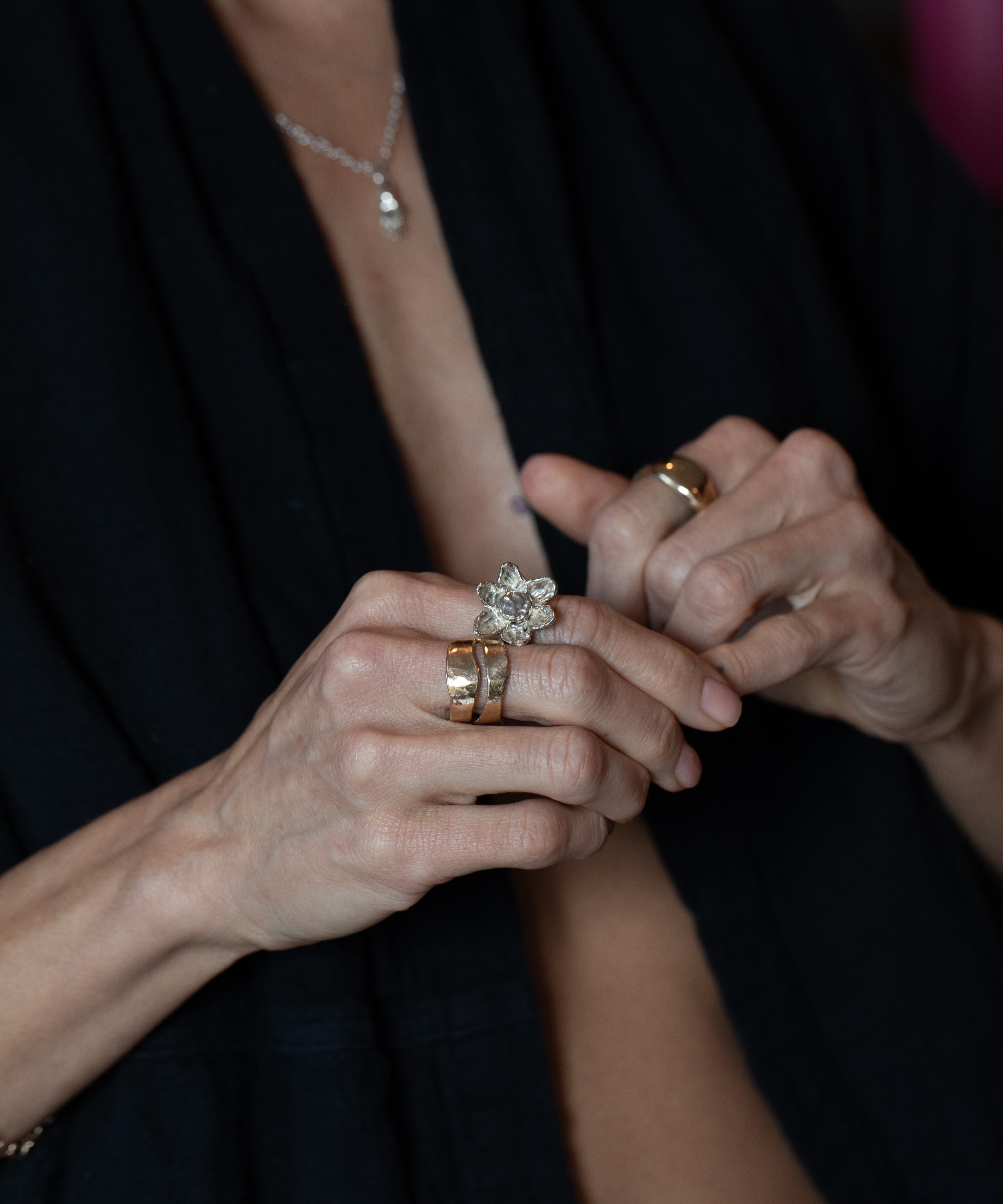 RORA Giant Flower Signet Ring styled in a stack, recycled sterling silver and 14K gold with sapphire