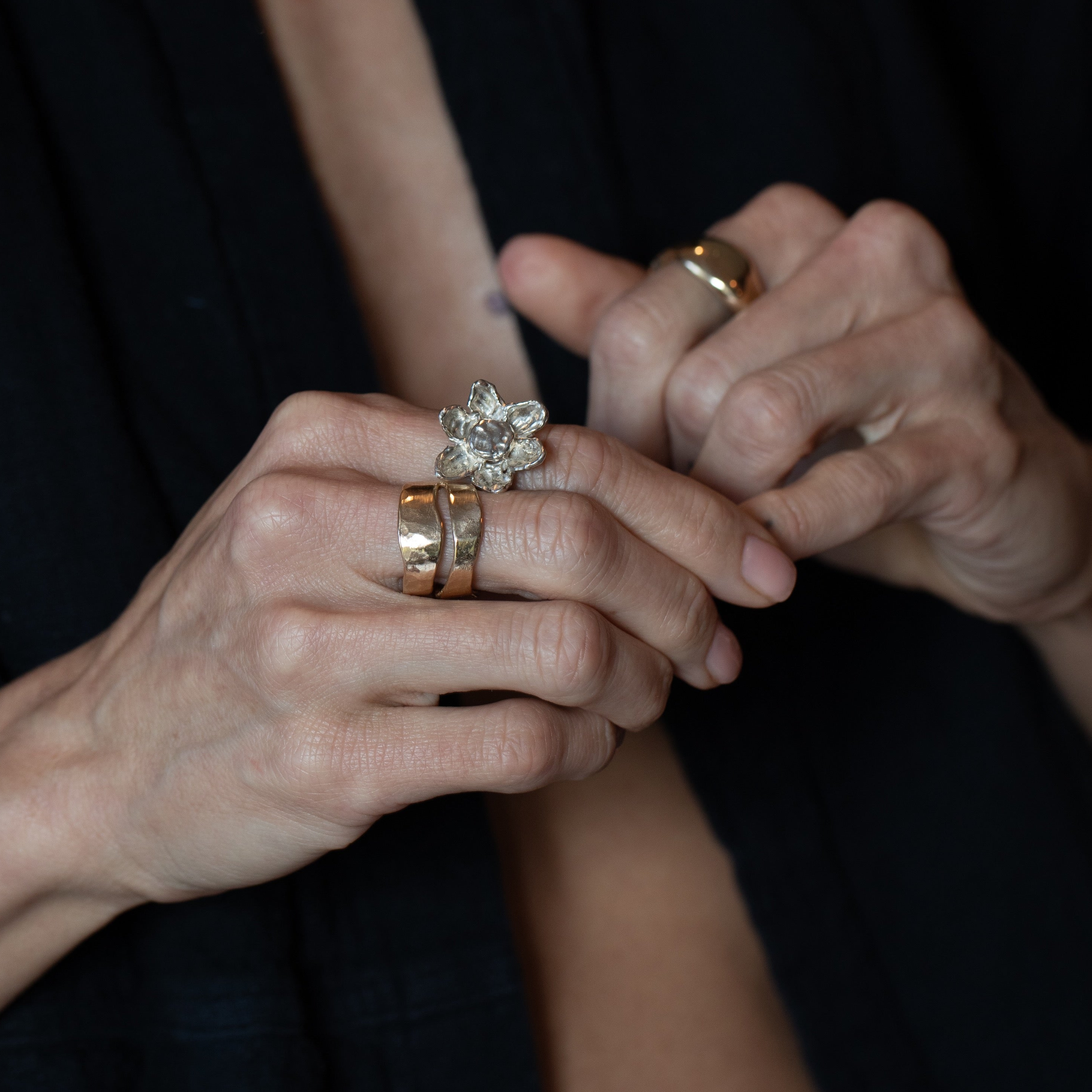 RORA Giant Flower Signet Ring texture close-up showing hand-carved detail, recycled sterling silver and 14K gold
