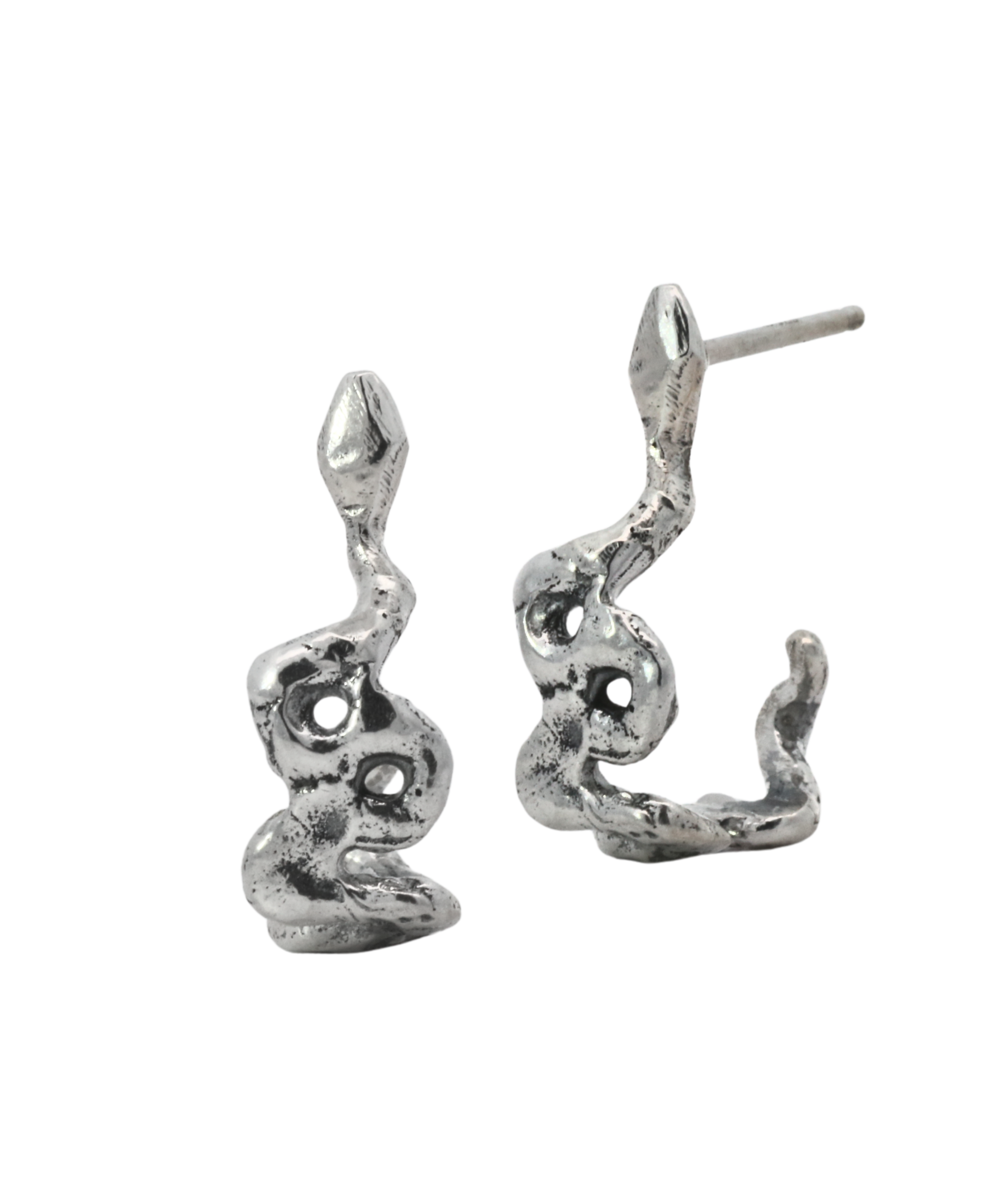 SNAKE Hoop Earrings worn on ear, recycled sterling silver