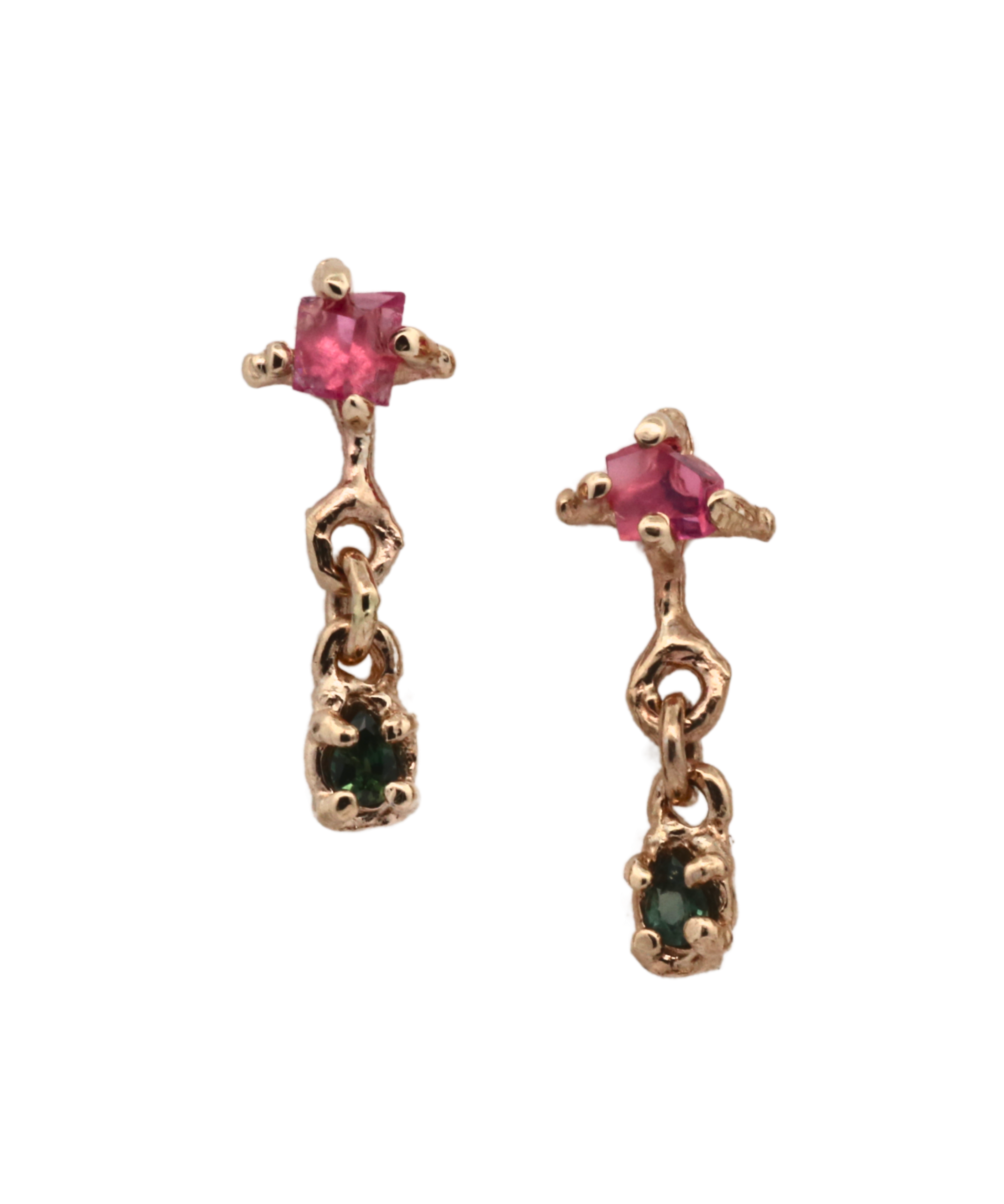 X TEAR Earrings in 14K Fairmined gold with pink spinel and sapphire, hand-carved